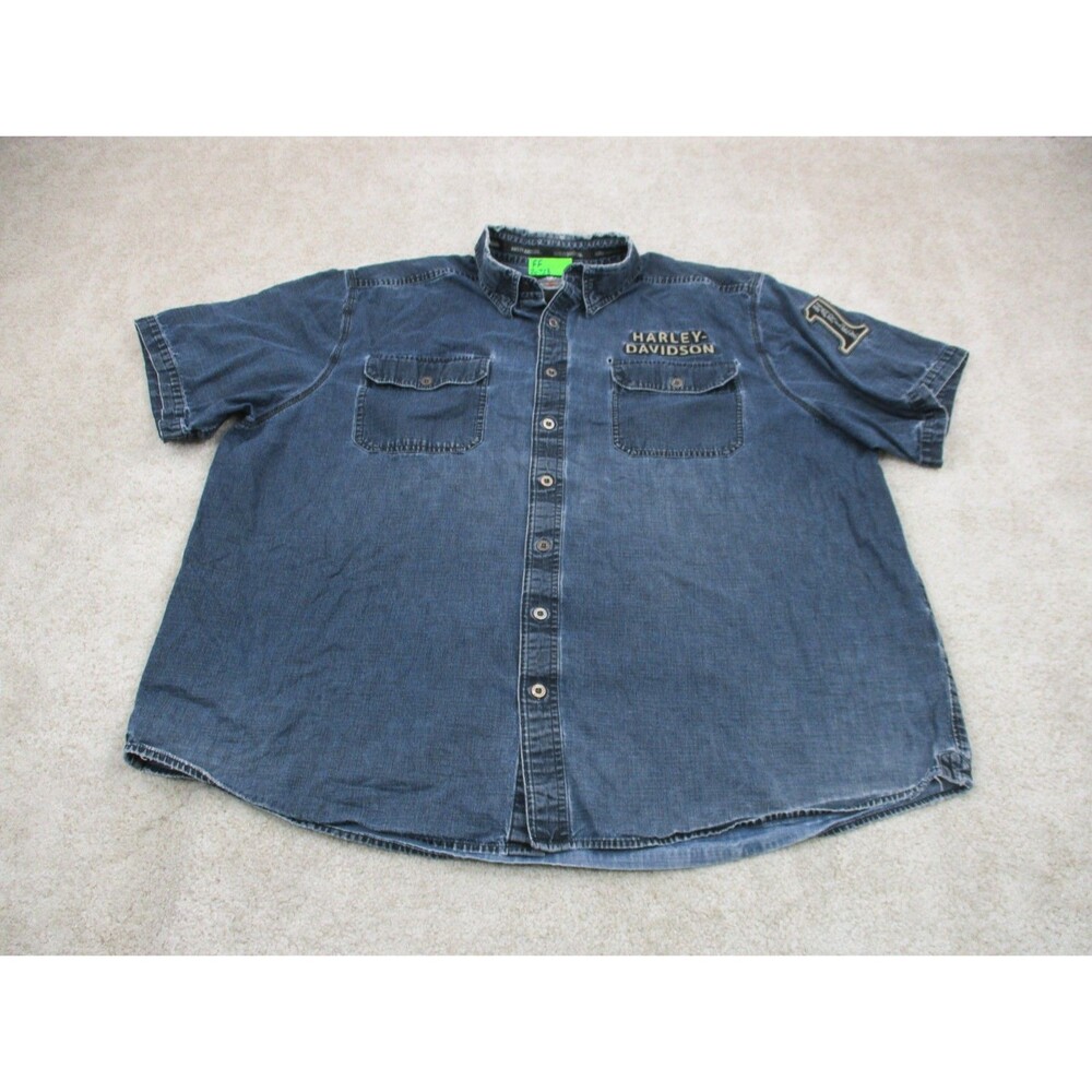 Harley Davidson Shirt Men 3XL Blue Denim Motorcycle Biker Short Sleeve Button Up
